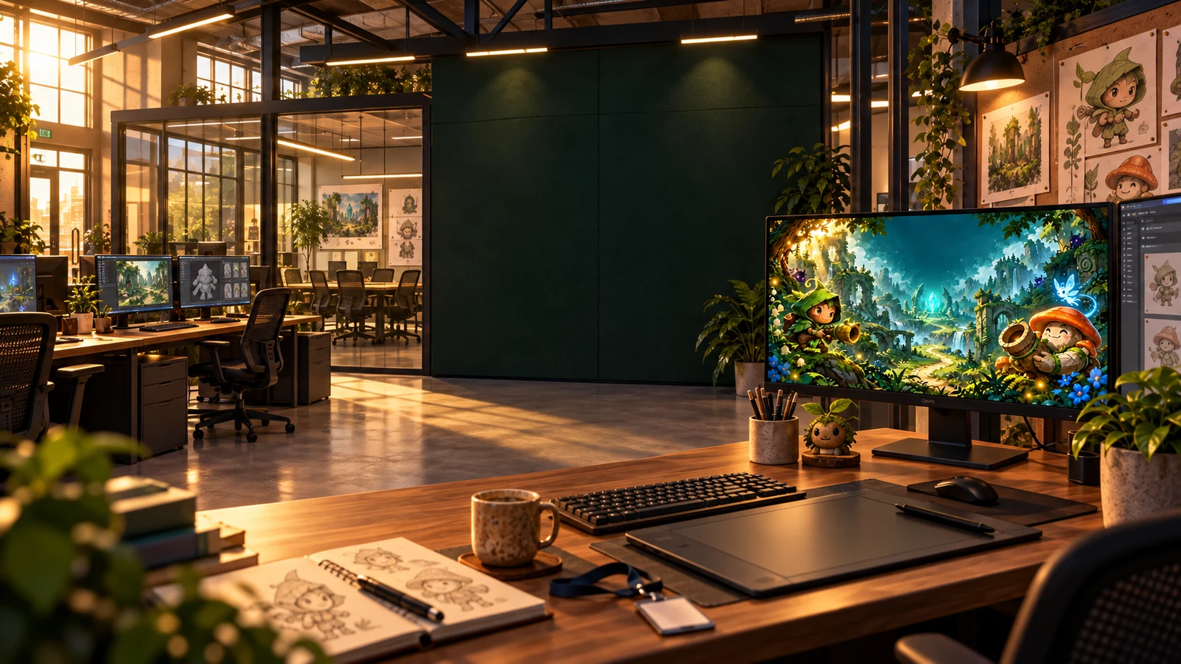 Les locaux du studio Osrasoft, avec Verdant sur les écrans.